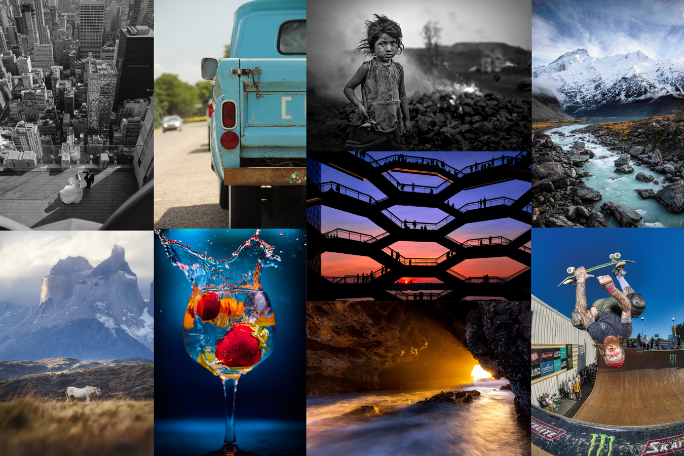 The image is a collage of nine photographs taken by the winners of the Zenfolio 2025 World Photography Day photo competition, showcasing a variety of subjects including a wedding in a cityscape, a vintage truck, a child near a fire, a mountain landscape, a glass of splashing liquid with fruit, a honeycomb-like structure with silhouetted figures, a cave with light streaming in, a snowy mountain range, and a skateboarder performing a trick. The photographs vary in color and composition, creating a diverse visual experience.