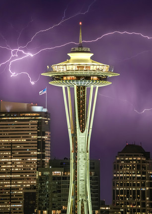 Space needle rare thunderstorm by Mathew Nichols