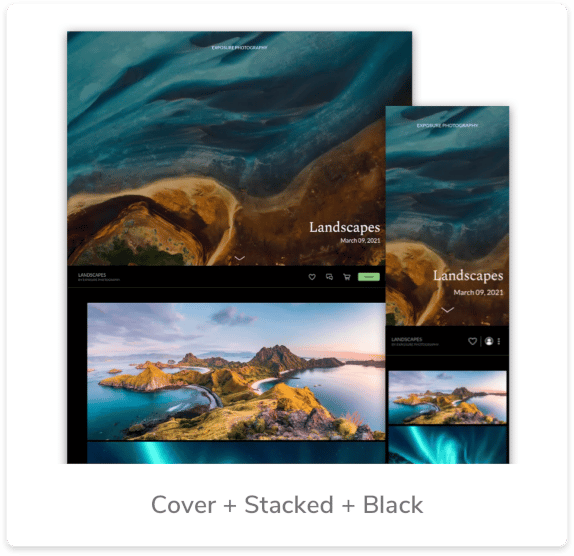 Website mockup: landscape photography portfolio, desktop and mobile views, dark theme